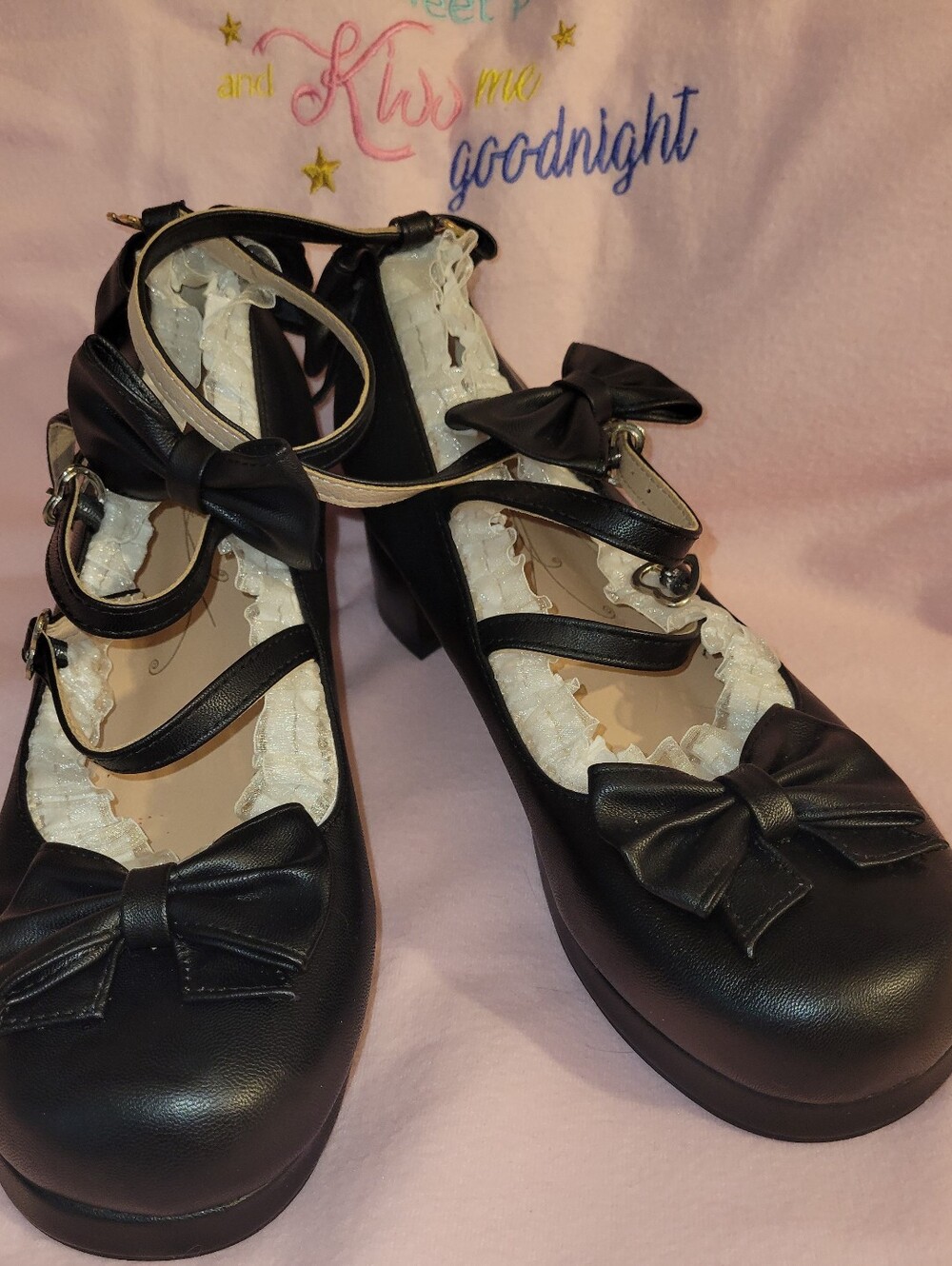 Kawaii Sweet Bow Cosplay Dress Shoes Chunky Platform Mid Block Heel Size 42